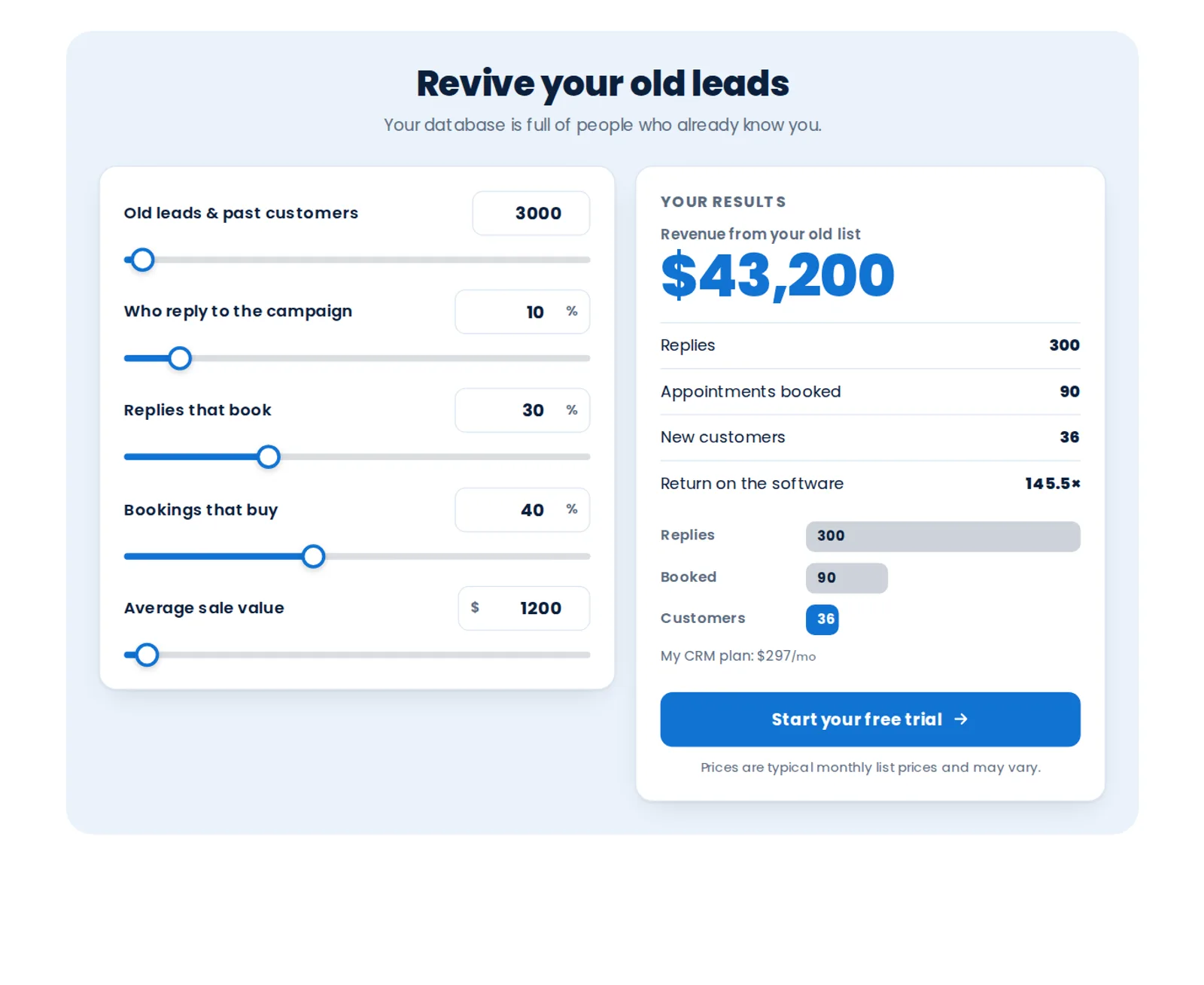 Database reactivation calculator: sliders for old leads, reply rate, booking rate and buy rate, with projected revenue from the old list