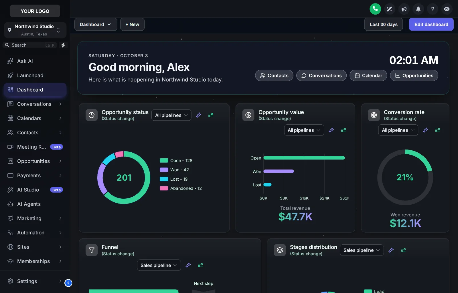 Northern Lights dashboard design on a GoHighLevel sub-account: aurora photo background, dark glass cards and a Good morning welcome banner with a live clock