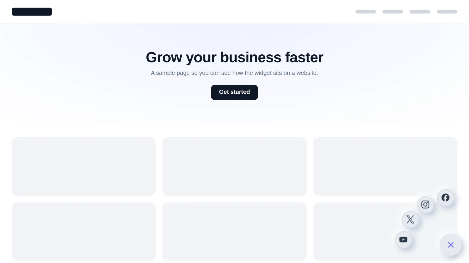 Soft neumorphic fan floating widget open on a sample website, fanning out social profile icons from the corner launcher