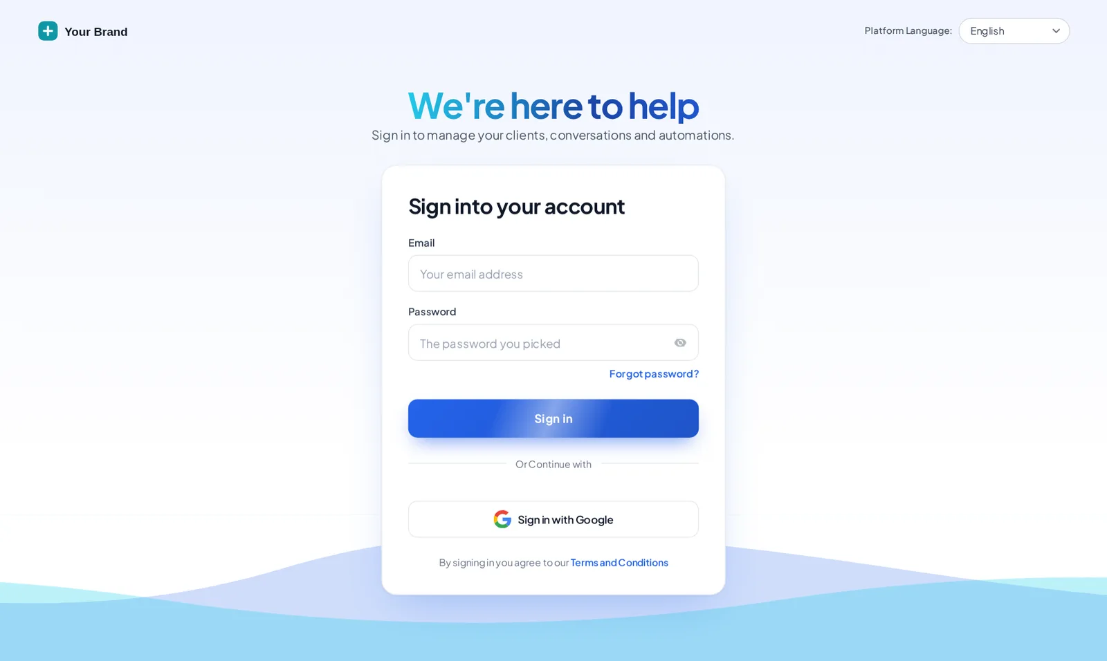 Ocean waves animated GoHighLevel login page with a floating sign-in card