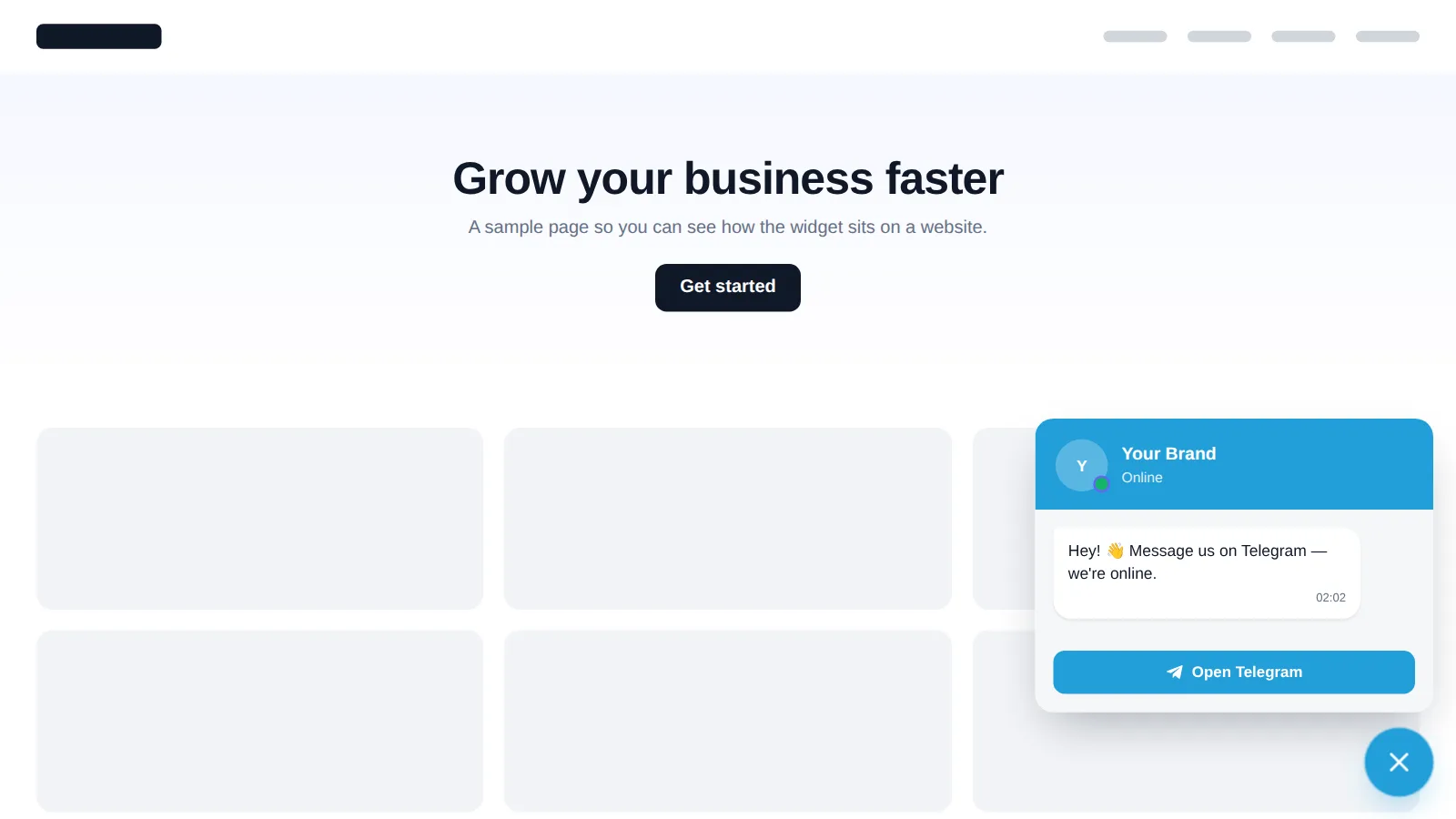 Telegram chat notification template open in the corner of a sample website, with a Message us on Telegram prompt