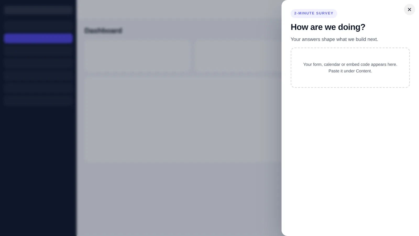 Feedback survey popup template opening as a drawer inside a sample GoHighLevel page